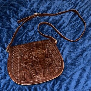 Vintage Brown Embossed Leather Crossbody messenger Bag